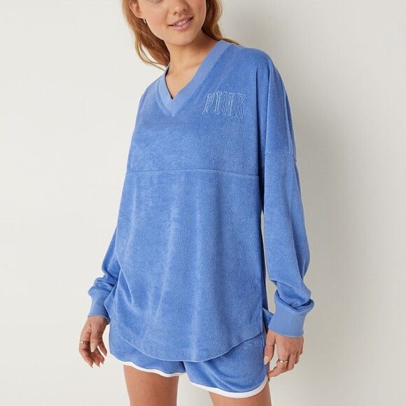 Victoria’s Secret Pink Varsity Terry Cloth V Neck Oversized Pullover - Picture 3 of 10